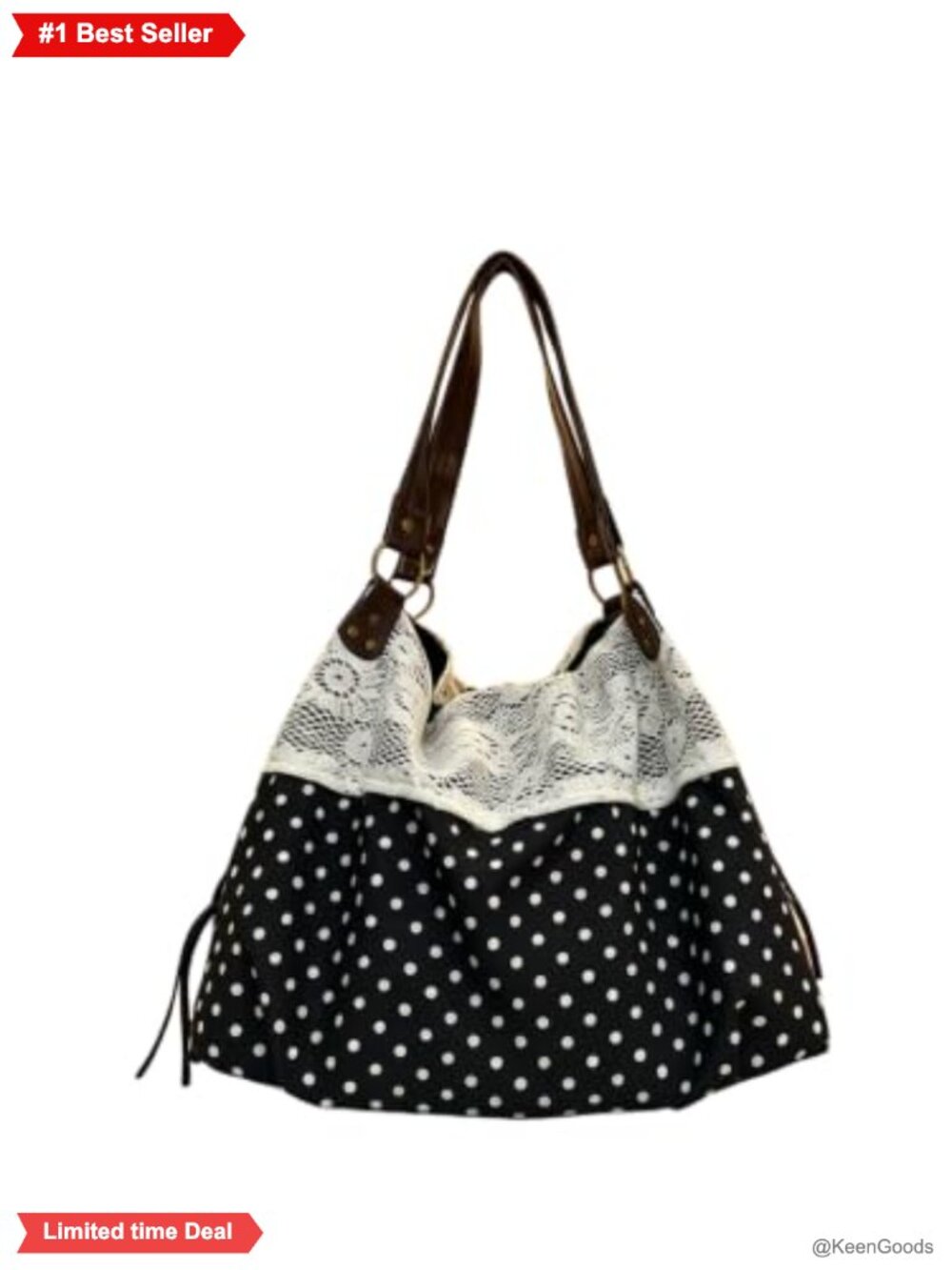 Polka Dots Lace Tote Bag Faux Leather Strap Underarm Canvas